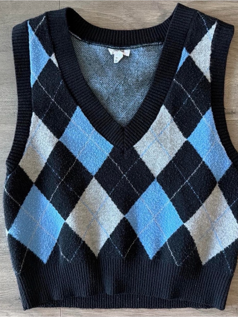 Garage Argyle V-Neck Sweater Vest in Black, Light Blue & Gray